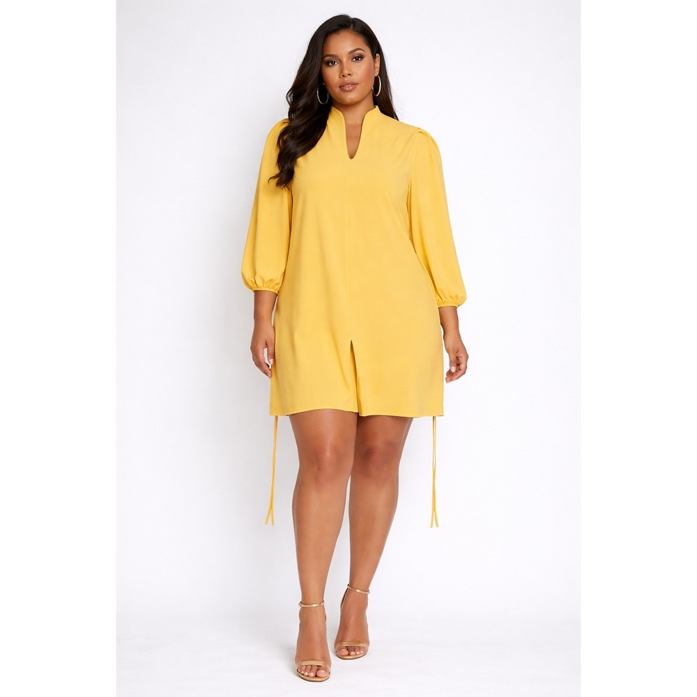 Yellow V Neck Split Front Tie Detail Long‎ Sleeve Shift Dress Women Size L